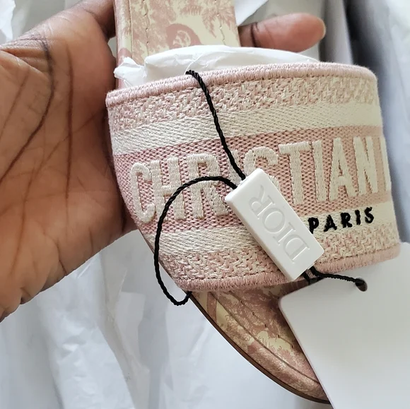 Dway Heeled Slide Toile de Jouy Light Pink and Ecru Embroidered - Picture 5 of 17